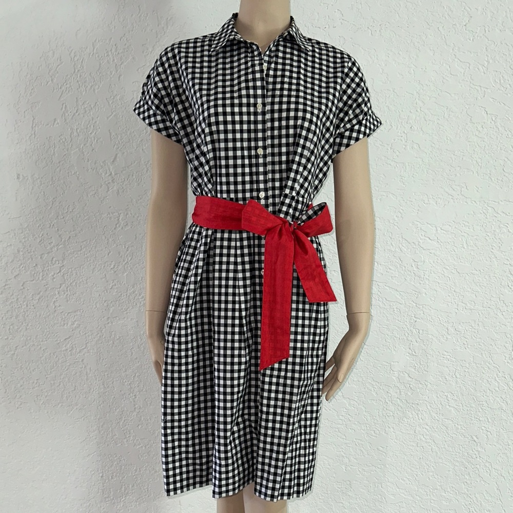 Robert Talbott Black and White Gingham Dress with Red Sash